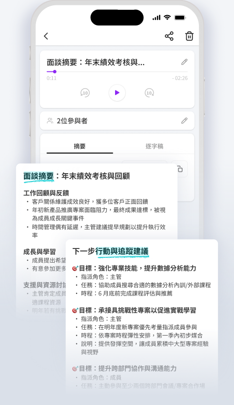 AI 生成會議摘要與行動建議畫面